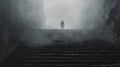 Lone Man Ascending Fog-Enshrouded Stairs in Search of Life\'s Mysteries. Generative Ai