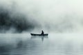 A lone man in a boat, lost in thought, surrounded by the dense fog that engulfs the lakes surface