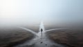 Lone man at a fog-shrouded crossroads, contemplating multiple paths