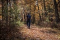 Lone man hiking the trails near Milford, PA, surrounded by lush foliage and pine trees