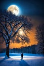 Lone man silhouette stands near massive snow-covered tree on snow field