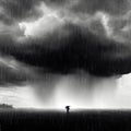 Lone man, standing under rain, suffering anxiety as holding an umbrella thunderstorm cloud over head. Concept of memory