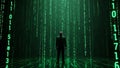 Silhouette of a man standing in a mesmerizing digital rain of glowing green binary code, symbolizing the virtual world and data Royalty Free Stock Photo