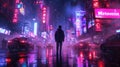 Lone man stands near neon sign Metaverse on cyberpunk city street, dark urban grungy town in rain. Concept of future, virtual Royalty Free Stock Photo