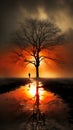 Lone man walking near tree by the river, facing sunrise. Beautiful illustration picture. Generative AI