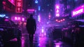 Lone man walks on cyberpunk city street in rain, dark urban grungy town with neon sign Metaverse. Concept of future, game, light,