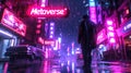 Lone man walks on cyberpunk city street in rain, neon sign Metaverse in dark urban grungy town. Concept of future, virtual reality Royalty Free Stock Photo