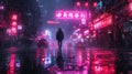Lone man walks down street of cyberpunk city at night, neon signs in dark futuristic town in rain. Concept of future, virtual Royalty Free Stock Photo