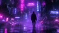 Lone man walks down street in cyberpunk city at night, purple neon store signs in dark futuristic town in rain. Concept of future Royalty Free Stock Photo