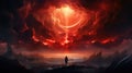 Lone man walks in fantasy World, extraterrestrial landscape with strange planet and red light in dark dramatic sky. Fantastic epic