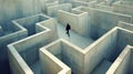 Lone man walks inside concrete maze, lost person searching for way out of strange surreal labyrinth. Concept of problem, Royalty Free Stock Photo