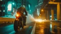 Lone motorcycle rider in urban night setting