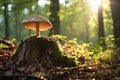 a lone mushroom growing out of a tree stump in a sunlit clearing