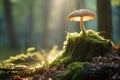 a lone mushroom growing out of a tree stump in a sunlit clearing