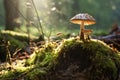 a lone mushroom growing out of a tree stump in a sunlit clearing