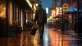 Lone Musicianâs Walk: Neon Glimmers on Wet Pavements to Jazz Bar Royalty Free Stock Photo