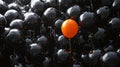 A lone orange balloon floats amid a sea of black balloons, a vivid contrast that draws the eye