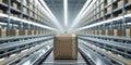 Lone package stands ready for shipment in a modern automated warehouse filled with activity. Royalty Free Stock Photo