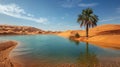 A lone palm tree stands sentinel beside a crystal-clear pool of water, surrounded by golden sand dunes Royalty Free Stock Photo