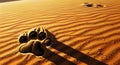 Lone paw print in rippled desert sand, casting a long shadow at sunset Royalty Free Stock Photo