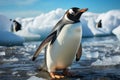 Lone penguin on beach, icebergs backdrop, Antarctic solitude captured Royalty Free Stock Photo