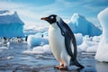 Lone penguin on beach, icebergs backdrop, Antarctic solitude captured Royalty Free Stock Photo