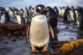 Lone penguin standing in mud in front of herd