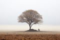 a lone person riding a horse under a tree in a foggy field