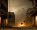 Lone person or soldier walking through aftermath of war