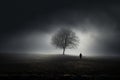 a lone person standing in front of a tree in a dark field