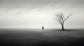 A lone person standing in front of a tree in the middle of a foggy field, AI