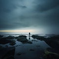 a lone person standing on rocks at the ocean