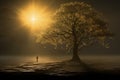 a lone person standing under a tree in the fog