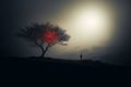 a lone person standing under a tree in the fog