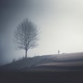 a lone person stands in front of a tree on a foggy hill