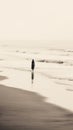 A lone person walking along the beach in the fog, AI