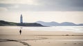 Lone person walking along a beach shoreline toward a lighthouse. Coast with hazy morning light and waves.