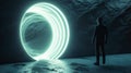 Lone person walks to spatial portal on abstract dark background. Man is near glowing circle at night. Concept of travel, space,