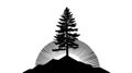 Lone Pine Tree Silhouette on Sunburst Mountain Peak, Black and White Royalty Free Stock Photo