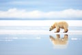 a lone polar bear walking on ice floe