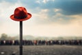 Lone red hat atop pole, sharply contrasts with blurred surroundings