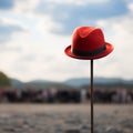 Lone red hat atop pole, sharply contrasts with blurred surroundings