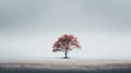 a lone red tree in a foggy field