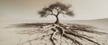 A lone resilient tree with expansive roots thriving in the barren desert. Royalty Free Stock Photo