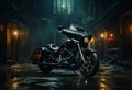 A Lone Rider in the Shadows: A Black Motorcycle Parked in a Dark Alley Royalty Free Stock Photo