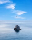 Lone rock over calm sea and flying bird over blue sky Royalty Free Stock Photo