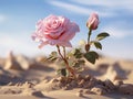 A lone rose blooms in delicate pink hues amidst the arid desert landscape.