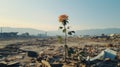 A lone rose plant in a pile of rubble with no other plants, AI