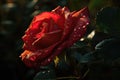 A lone rose in a serene garden. Its delicate petals display a deep shade of red, while dewdrops sparkle in the dawn lig