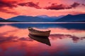 a lone sailboat on a lake, mountains in the background bathed in sunset hues